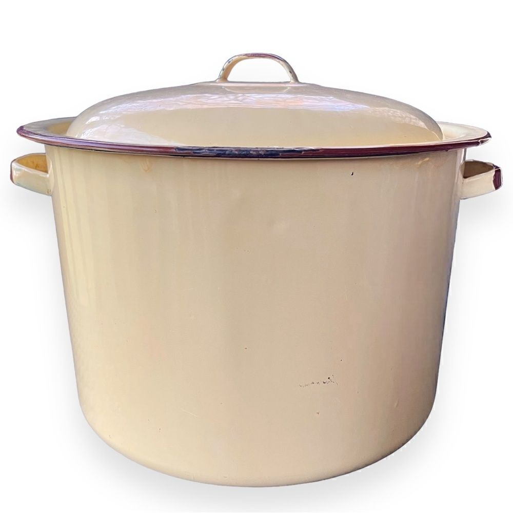 Vintage Pale Yellow Brown Trim Enamelware Large Stock Pot 12” Decorative